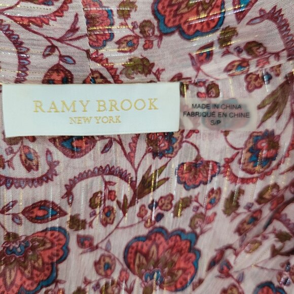 Ramy Brook Metallic Floral Print Silk Blend Neck Tie Blouse Top Womens Size S - Picture 4 of 9